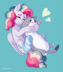 Size: 1765x2000 | Tagged: safe, artist:skysorbett, derpibooru import, oc, oc:sky sorbet, unofficial characters only, pegasus, pony, cat toy, clothes, eyes closed, female, hug, image, mare, multicolored hair, pegasus oc, pillow, pillow hug, plushie, png, simple background, smiling, socks, striped socks, toy, wings