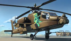 Size: 2910x1692 | Tagged: safe, artist:tucksky, derpibooru import, oc, oc:dahan, oc:horsewhite, pegasus, ah-64, ah64, airfield, apache, attack helicopter, car, cloud, helicopter, image, jeep, mountain, png, sky, smiling, tucksky