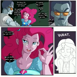 Size: 3000x3000 | Tagged: suggestive, artist:inuyuru, max steele, pinkie pie, sunset shimmer, human, comic:backstage, equestria girls, bedroom eyes, comic, commission, dialogue, female, image, implied blowjob, implied oral, implied sex, jpeg, male, open mouth, speech bubble