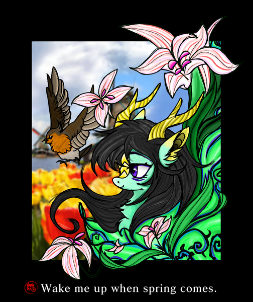 Size: 3024x3600 | Tagged: safe, artist:dzhu.sokolov, artist:sally stuart, derpibooru import, oc, oc:hanano kyusaku, unofficial characters only, bird, dracony, dragon, hybrid, pony, cloud, english subtitles, flower, horn, image, leaf, png, robin, spring, tulip, windmill