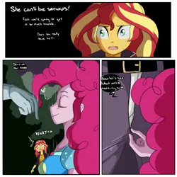 Size: 3000x3000 | Tagged: suggestive, artist:inuyuru, max steele, pinkie pie, sunset shimmer, human, comic:backstage, equestria girls, bedroom eyes, comic, commission, dialogue, faceless male, female, image, imminent sex, jpeg, kneeling, male, offscreen character, open mouth, speech bubble, unzipping