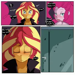 Size: 3000x3000 | Tagged: suggestive, artist:inuyuru, pinkie pie, sunset shimmer, human, comic:backstage, equestria girls, ..., aftersex, comic, commission, dialogue, drool, duo, duo female, eyes closed, female, image, jpeg, speech bubble, tongue out