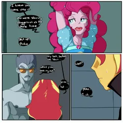 Size: 3000x3000 | Tagged: suggestive, artist:inuyuru, max steele, pinkie pie, sunset shimmer, human, comic:backstage, equestria girls, ..., comic, commission, dialogue, female, image, imminent sex, jpeg, male, male nipples, muscles, muscular male, nipples, nudity, sweat, tongue out