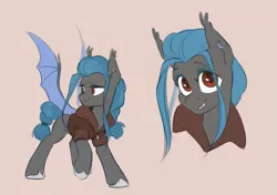 Size: 2835x2000 | Tagged: safe, artist:jewellier, derpibooru import, oc, oc:vox noctis, unofficial characters only, bat pony, pony, bat pony oc, bat wings, braid, braided tail, bust, clothes, ear piercing, earring, fangs, female, g5 oc, image, jacket, jewelry, looking at you, mare, oda 1997, piercing, png, ponytail, portrait, reference sheet, rule 63, simple background, solo, tail, unshorn fetlocks, white background, wings