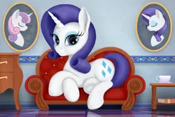 Size: 2677x1800 | Tagged: safe, artist:xodok, derpibooru import, rarity, pony, unicorn, series:ponyashnost, bust, couch, image, indoors, jpeg, looking at you, portrait, smiling