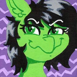 Size: 1175x1172 | Tagged: safe, artist:dandy, derpibooru import, oc, oc:anonfilly, unofficial characters only, earth pony, pony, acrylic painting, bust, ear fluff, earth pony oc, eyebrows, eyebrows visible through hair, female, filly, foal, grin, grinch face, image, looking at you, nose wrinkle, png, portrait, smiling, solo, traditional art