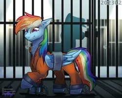 Size: 1280x1024 | Tagged: safe, artist:lavendur_x316, derpibooru import, rainbow dash, bound wings, clothes, cuffs, image, jpeg, jumpsuit, never doubt rainbowdash69's involvement, prison outfit, prisoner rd, shackles, solo focus, wing cuffs, wings