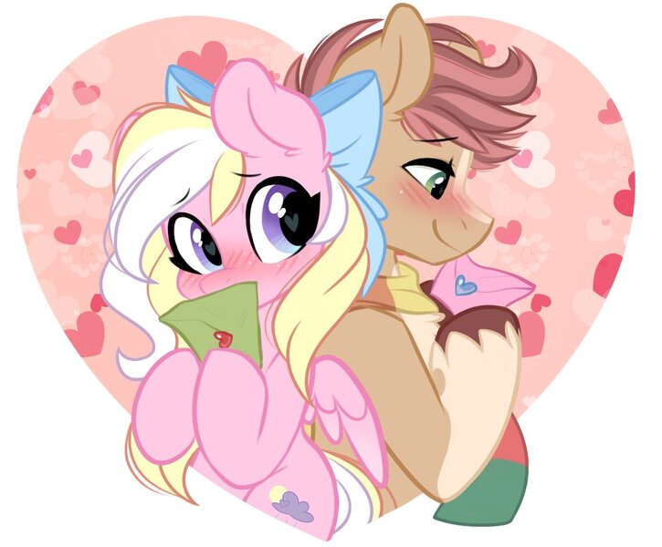 Size: 1141x944 | Tagged: safe, artist:emberslament, derpibooru import, oc, oc:bay breeze, unofficial characters only, pegasus, blushing, blushing profusely, bow, clothes, hair bow, heart, image, jpeg, letter, love letter, scarf, unshorn fetlocks