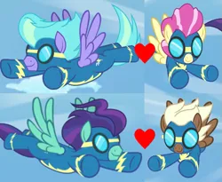 Size: 715x585 | Tagged: safe, derpibooru import, edit, edited screencap, screencap, candy cloud, monsoon season, storm chaser, swift vanilla, updraft, pegasus, pony, the last problem, background pony, candydraft, clothes, cropped, female, flying, future wonderbolts, goggles, happy, heart, image, male, monsoonchaser, png, shipping, shipping domino, straight, uniform, wonderbolts, wonderbolts uniform