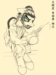 Size: 1800x2400 | Tagged: safe, artist:ktk's sky, derpibooru import, earth pony, pony, chinese text, clothes, image, male, moon runes, png, sitting, solo, water margin, weapon, yang zhi