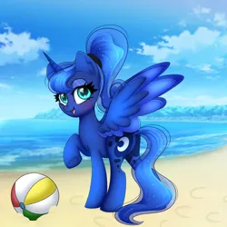 Size: 2000x2000 | Tagged: safe, artist:splashofsweet, derpibooru import, princess luna, alicorn, pony, beach, beach ball, cute, ethereal mane, ethereal tail, female, image, looking at you, lunabetes, mare, ocean, png, sand, solo, spread wings, tail, water, wings
