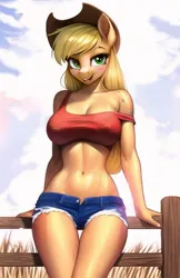 Size: 794x1227 | Tagged: suggestive, artist:therocknrollmartian, derpibooru import, applejack, anthro, earth pony, applejack's hat, belly button, big breasts, breasts, busty applejack, cleavage, clothes, cowboy hat, daisy dukes, erect nipples, female, fence, freckles, halter top, hat, image, jpeg, looking at you, nipple outline, open mouth, open smile, shorts, shoulder freckles, smiling, smiling at you, solo, solo female