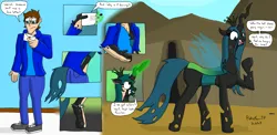 Size: 2751x1339 | Tagged: safe, artist:pokefan-tf, derpibooru import, queen chrysalis, changeling, changeling queen, human, burning, clothes, female, glow, glowing horn, horn, human to changeling, image, letter, love letter, male to female, png, reality shift, rule 63, torn clothes, transformation, transgender transformation