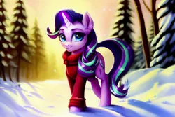 Size: 2304x1536 | Tagged: safe, derpibooru import, editor:siber, machine learning assisted, machine learning generated, purplesmart.ai, stable diffusion, starlight glimmer, pony, unicorn, clothes, female, forest, image, looking at you, mare, pine tree, png, smiling, smiling at you, snow, solo, tree, walking, winter