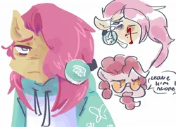 Size: 2048x1479 | Tagged: safe, artist:dmitrymemovznok, derpibooru import, fluttershy, pinkie pie, anthro, earth pony, pegasus, blood, clothes, facial hair, frown, glasses, goatee, hoodie, image, jpeg, nosebleed, rule 63, text