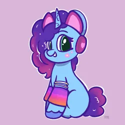 Size: 2048x2048 | Tagged: safe, artist:limitmj, derpibooru import, pony, unicorn, g5, bracelet, clothes, cute, female, image, jewelry, lavender background, leg warmers, mare, misty brightdawn, mistybetes, png, purple background, simple background, smiling, solo, unshorn fetlocks