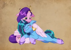 Size: 4961x3508 | Tagged: safe, artist:artharuhi, derpibooru import, pipp petals, pegasus, pony, unicorn, g5, adorapipp, blushing, cuddling, cute, duo, eyes closed, female, freckles, hug, image, lesbian, looking at someone, mare, misty brightdawn, mistybetes, mistypetals, png, shipping, sleeping, smiling, unshorn fetlocks, winghug, wings