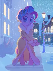 Size: 901x1200 | Tagged: safe, artist:綿棒仔馬, derpibooru import, pinkie pie, spirit of hearth's warming presents, pony, a hearth's warming tail, bipedal, image, jpeg, snow, snowfall, solo, streetlight