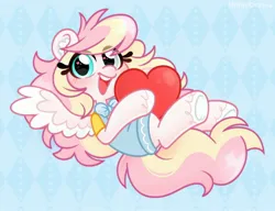 Size: 3098x2376 | Tagged: safe, artist:ninnydraws, derpibooru import, oc, oc:ninny, unofficial characters only, pegasus, pony, abstract background, blushing, bowtie, clothes, cute, female, heart, heterochromia, image, jpeg, looking at you, open mouth, overalls, shirt, simple background, smiling, solo, spread wings, t-shirt, unshorn fetlocks, wings