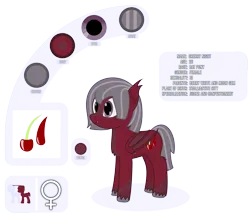 Size: 4213x3719 | Tagged: safe, artist:mrkm, derpibooru import, oc, oc:cherry night, bat pony, pony, bat pony oc, bat wings, cherry, cutie mark, ear fluff, fangs, female, female symbol, folded wings, food, full body, image, mare, png, reference sheet, simple background, size comparison, smiling, solo, transparent background, unshorn fetlocks, wings