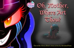 Size: 1920x1243 | Tagged: safe, artist:aleximusprime, derpibooru import, cozy glow, oc, oc:sorceress, alicorn, pegasus, pony, fanfic, fanfic:oh mother where art thou, flurry heart's story, alicorn oc, crying, duo, duo female, evil grin, eyes closed, fanfic art, fanfic cover, fangs, female, filly, foal, grin, horn, image, jpeg, mare, red eyes, red sclera, sad, slit pupils, smiling, spotlight, wings