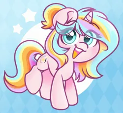 Size: 2660x2444 | Tagged: safe, artist:ninnydraws, derpibooru import, oc, oc:oofy colorful, unofficial characters only, pony, unicorn, abstract background, female, image, jpeg, looking at you, open mouth, open smile, ponytail, smiling, solo