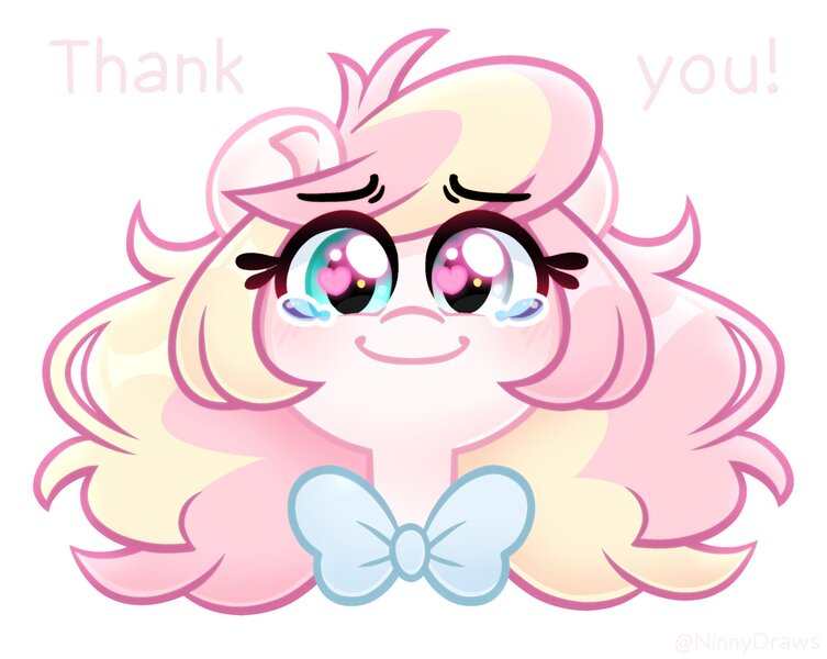 Size: 2840x2264 | Tagged: safe, artist:ninnydraws, derpibooru import, oc, oc:ninny, unofficial characters only, pegasus, pony, bowtie, crying, female, heterochromia, image, jpeg, looking at you, simple background, smiling, solo, tears of joy, text, wingding eyes