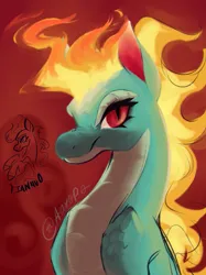 Size: 627x838 | Tagged: safe, artist:froggyfennec, derpibooru import, dragon, hybrid, longma, them's fightin' herds, community related, eyelashes, female, image, jpeg, looking at you, mane of fire, red background, red eyes, signature, simple background, solo, tianhuo (tfh), wip