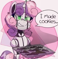 Size: 996x1000 | Tagged: safe, artist:provolonepone, edit, sweetie belle, pony, robot, robot pony, unicorn, chromatic aberration removal, cookie, cooking, dialogue, food, image, messy mane, png, solo, speech bubble, sweetie belle can't cook, sweetie bot, sweetie fail