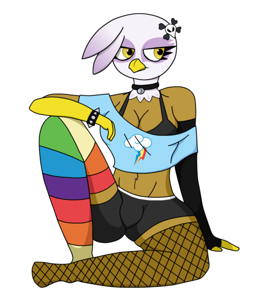 Size: 2491x2838 | Tagged: suggestive, artist:cookie-pone, derpibooru import, gilda, anthro, gryphon, plantigrade anthro, bra, breasts, choker, clothes, cutie mark, cutie mark on clothes, female, fishnets, gloves, goth, image, long gloves, midriff, piercing, png, rainbow socks, shorts, simple background, socks, solo, solo female, stockings, striped socks, thigh highs, transparent background, underwear