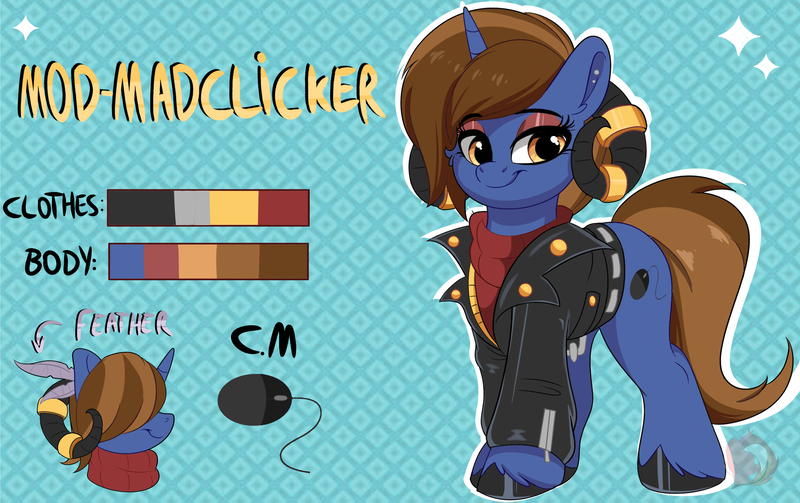 Size: 2645x1662 | Tagged: safe, artist:joaothejohn, derpibooru import, oc, oc:mod-madclicker, pony, unicorn, clothes, commission, cute, ear piercing, earring, feather, horn, image, jacket, jewelry, piercing, png, reference sheet, ring, simple background, solo, sweater, text, unicorn oc