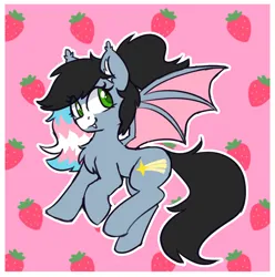 Size: 1818x1830 | Tagged: safe, artist:rivibaes, derpibooru import, oc, oc:starskipper, bat pony, pony, fangs, female, food, image, mare, png, strawberry