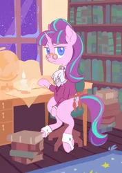 Size: 1240x1754 | Tagged: safe, artist:cottonbudfilly, snowfall frost, starlight glimmer, pony, unicorn, a hearth's warming tail, colored pupils, desk, female, image, jpeg, looking at you, mare, sitting, solo