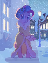 Size: 1307x1741 | Tagged: safe, artist:cottonbudfilly, pinkie pie, spirit of hearth's warming presents, earth pony, pony, a hearth's warming tail, bipedal, christmas, christmas lights, clothes, colored pupils, female, hearth's warming, holiday, image, jpeg, mare, robe, smiling at you, snow, snowfall, solo