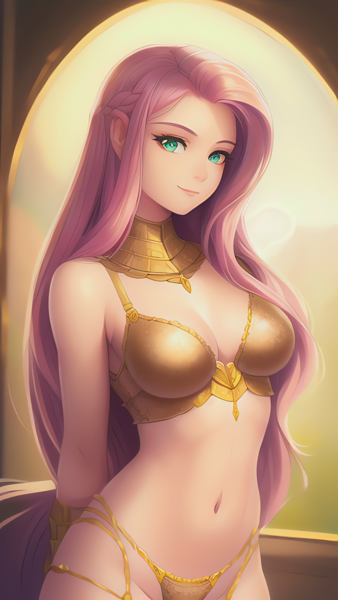 Size: 864x1536 | Tagged: suggestive, derpibooru import, editor:sammykun, machine learning generated, novelai, stable diffusion, fluttershy, human, absolute cleavage, beautiful, belly button, breasts, busty fluttershy, cleavage, clothes, detailed, female, gold, hand behind back, humanized, image, jewelry, lingerie, long hair, looking at you, metal, midriff, png, prompter:sammykun, reasonably sized breasts, sexy, solo, solo female, stupid sexy fluttershy