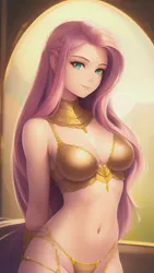 Size: 864x1536 | Tagged: suggestive, derpibooru import, editor:sammykun, machine learning generated, novelai, stable diffusion, fluttershy, human, absolute cleavage, beautiful, belly button, breasts, busty fluttershy, cleavage, clothes, detailed, female, gold, hand behind back, humanized, image, jewelry, lingerie, long hair, looking at you, metal, midriff, png, reasonably sized breasts, sexy, solo, solo female, stupid sexy fluttershy