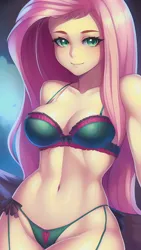 Size: 864x1536 | Tagged: suggestive, derpibooru import, editor:sammykun, machine learning generated, novelai, stable diffusion, fluttershy, human, bra, breasts, busty fluttershy, clothes, female, fit, humanized, image, lingerie, looking at you, midriff, panties, png, sexy, solo, solo female, underwear