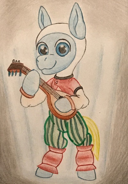 Size: 2540x3647 | Tagged: safe, artist:gracefulart693, derpibooru import, oc, oc:finn the pony, earth pony, pony, adventure time, banjo, clothes, finn the human, image, jpeg, musical instrument, smiling, solo, traditional art