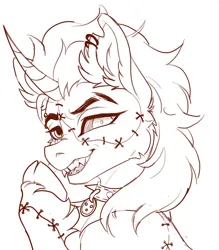 Size: 2129x2429 | Tagged: safe, artist:hebinushisan, derpibooru import, oc, unofficial characters only, pony, unicorn, bust, collar, ear fluff, ear piercing, earring, horn, image, jewelry, jpeg, lineart, male, piercing, smiling, solo, stallion, stitches, unicorn oc