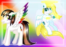 Size: 1152x834 | Tagged: safe, artist:angellightyt, derpibooru import, oc, unofficial characters only, pegasus, pony, collaboration, colored wings, duo, eyelashes, halo, image, jewelry, multicolored wings, necklace, pegasus oc, png, rainbow wings, wings