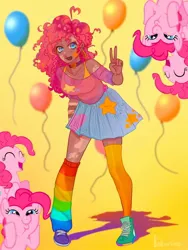 Size: 768x1024 | Tagged: safe, artist:sunifarni, derpibooru import, pinkie pie, earth pony, human, pony, alternate hairstyle, balloon, choker, clothes, converse, cute, dark skin, diapinkes, ear piercing, earring, female, humanized, image, jewelry, jpeg, leg warmers, mare, open mouth, peace sign, piercing, shirt, shoes, simple background, skirt, socks, solo, stockings, tanktop, thigh highs, vitiligo, yellow background