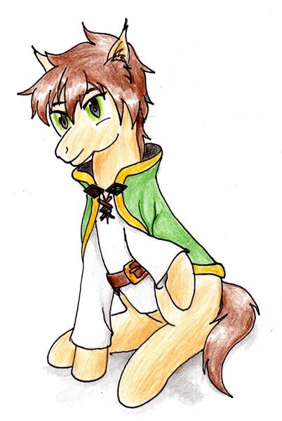 Size: 1534x2291 | Tagged: safe, artist:40kponyguy, derpibooru import, ponified, earth pony, pony, anime, belt, cloak, clothes, crossover, derpibooru exclusive, ear fluff, image, jpeg, konosuba, looking at you, male, raised hoof, satou kazuma, simple background, solo, stallion, traditional art, white background