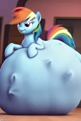 Size: 512x768 | Tagged: suggestive, derpibooru import, machine learning generated, rainbow dash, pony, belly, belly bed, big belly, huge belly, image, impossibly large belly, png, preddash, vore