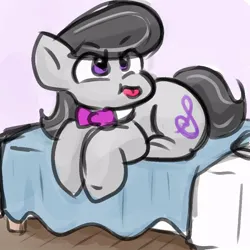 Size: 900x900 | Tagged: safe, artist:zutcha, derpibooru import, octavia melody, earth pony, pony, bed, cute, eye clipping through hair, eyebrows, eyebrows visible through hair, female, image, jpeg, lying down, mare, on bed, prone, solo, tavibetes, tongue out