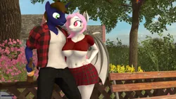 Size: 3840x2160 | Tagged: suggestive, artist:kowalskicore, derpibooru import, oc, oc:galahad lazuli, oc:sasha gemini, unofficial characters only, anthro, bat pony, unicorn, 3d, bottle, clothes, erect nipples, female, hand on hip, image, looking at each other, looking at someone, male, nipple outline, outdoors, png, skirt, source filmmaker, wings