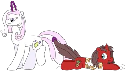 Size: 3104x1780 | Tagged: safe, artist:supahdonarudo, derpibooru import, fleur-de-lis, oc, oc:ironyoshi, pony, unicorn, angry, clothes, dragging, female, fleur-de-lis is not amused, frown, glow, glowing horn, horn, image, levitation, magic, male, mare, png, pulling, scared, shirt, simple background, stallion, telekinesis, this will end in tears, transparent background, unamused