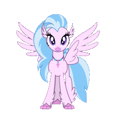 Size: 1152x1200 | Tagged: safe, artist:ponygamer2020, artist:twilight-twinkle, derpibooru import, silverstream, classical hippogriff, hippogriff, animated, female, flash puppet, gif, image, jewelry, necklace, reference sheet, rotation, simple background, solo, spinning, spread wings, tail, transparent background, turnaround, wings, you spin me right round