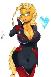 Size: 2000x3000 | Tagged: source needed, suggestive, artist:pia-sama, artist:saulazuli, derpibooru import, oc, oc:00284, anthro, comic:rogue diamond, armor, battle suit, big breasts, breasts, clothes, combat armor, curvy, female, image, png, simple background, skintight clothes, socks, solo, solo female, thigh highs, thighs