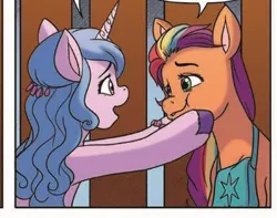 Size: 357x281 | Tagged: safe, derpibooru import, izzy moonbow, sunny starscout, earth pony, unicorn, spoiler:g5comic10, bag, cropped, g5, holding head, image, jpeg