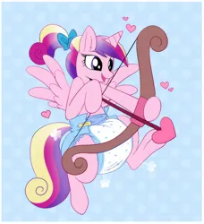 Size: 1384x1516 | Tagged: safe, artist:jupiters, derpibooru import, princess cadance, alicorn, pony, abstract background, air pushed out of diaper, alternate hairstyle, arrow, bow, bow (weapon), bow and arrow, cupidance, dexterous hooves, diaper, diaper fetish, female, fetish, hair bow, heart, heart arrow, hearts and hooves day, holiday, hoof hold, image, jewelry, jpeg, mare, poofy diaper, princess of love, solo, valentine's day, weapon